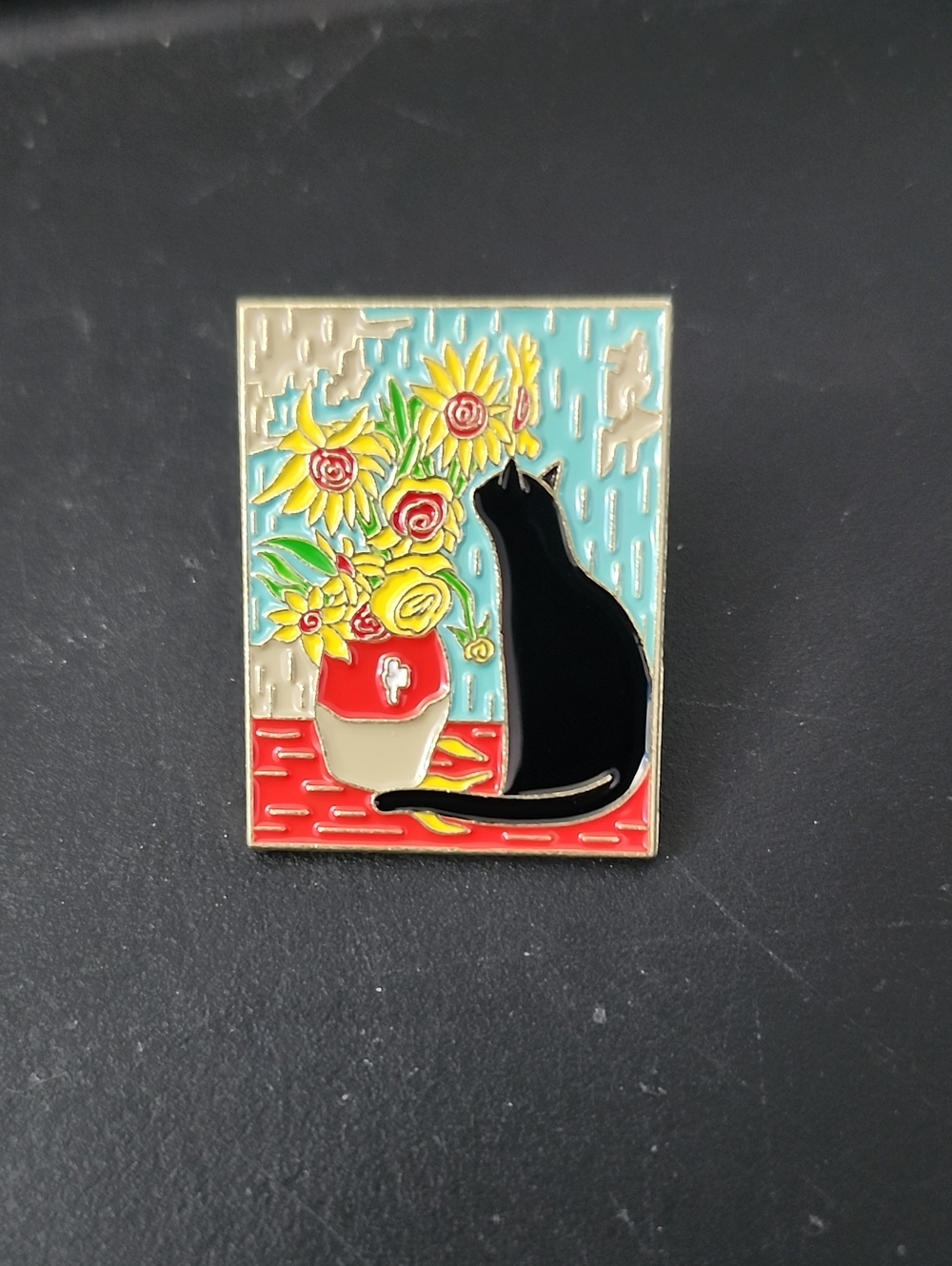 Black Cat Enamel Pin with Yellow Flowers - Van Gogh Inspired